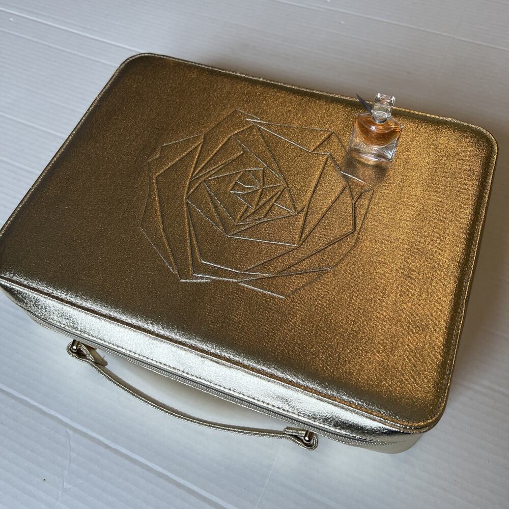 LANCOME Make Up Case Gold Metallic Shine Train Case 2022's +Parfum Sample